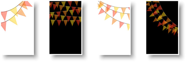 Colorful bunting garlands with flags made of shredded pieces of fabric. Decorative multicolored party pennants for festival, party celebration.