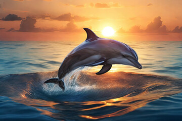 Sunset dolphin play. Playful leap forms water ring in ocean backdrop. Captivating wallpaper concept of nature's playful beauty.