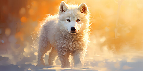 a cute baby white wolf is walking around in the snow, generative AI