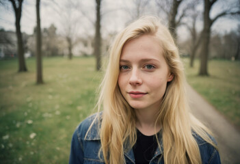 Obraz premium Portrait of a young woman with long blonde hair outside in park generative ai image
