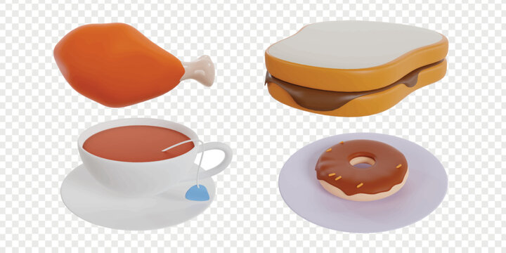 Breakfast 3d icons render clipart. Healthy food vector illustration template.