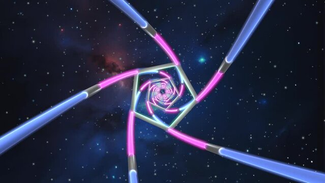 生成 AI による宇宙イメージ・五角形のリングとネオンチューブの回転ループビデオ