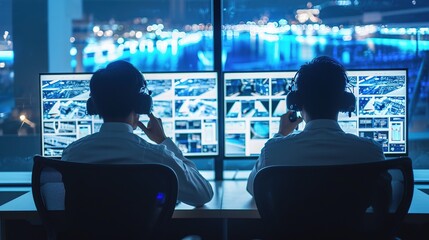 Two Digital Computer Screens with Surveillance CCTV Video in a Harbour Monitoring Center with Multiple Cameras on a Big Digital Screen. Employees Sit in Front of Displays with Big Data