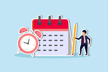 Schedule planning and time management, organize meeting and appointment, event reminder or business schedule concept, businessman holding pencil planning work schedule on calendar and alarm clock. - obrazy, fototapety, plakaty