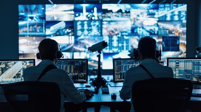 Two Digital Computer Screens with Surveillance CCTV Video in a Harbour Monitoring Center with Multiple Cameras on a Big Digital Screen. Employees Sit in Front of Displays with Big Data