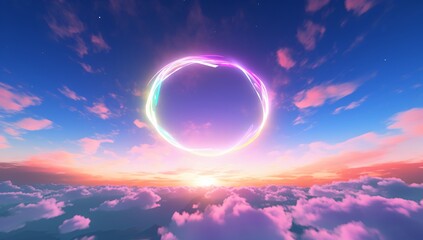 Fototapeta na wymiar Fantasy sky with a glowing rainbow circle