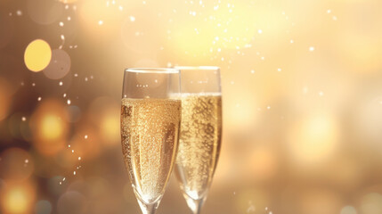 Two champagne glasses with sparkling wine, close-up, against a warm bokeh background, conveying a festive atmosphere.