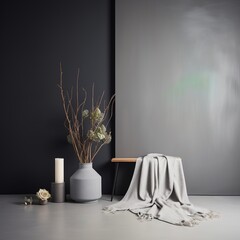 Minimalist interior with a gray vase, candle, and blanket