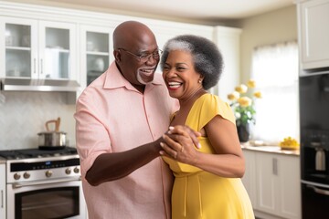 Happy senior African American couple dancing in kitchen