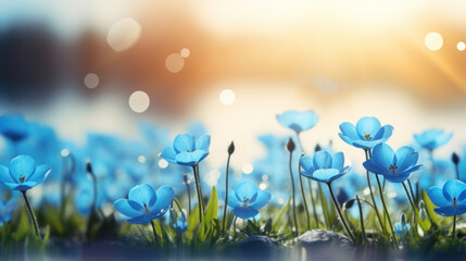 Vibrant blue anemone flowers blooming in a sunlit field, with a soft-focus background creating a dreamy effect.