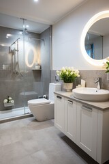 Modern bathroom interior with white vanity, vessel sink, round mirror and large shower