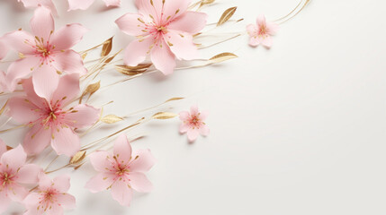 Charming pink paper flowers with delicate golden accents on a white background, perfect for elegant decor.
