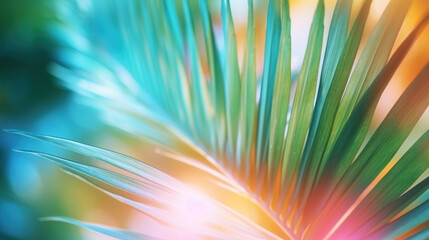 Obraz premium A close-up of a palm leaf's vibrant green and blue hues illuminated by radiant sunlight.