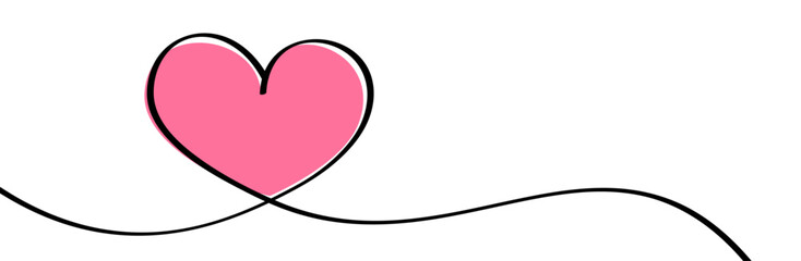 Pink heart continuous wavy line art drawing on white background.