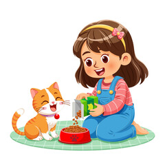 Little girl kneeling on the floor with a smile and enjoying the time of feeding her cat at home