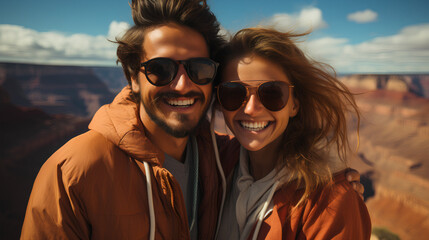 Attractive  couple at a large canyon  - low angle close-up shot - vacation - getaway - mountains - skiing - holiday - escape - honeymoon - Alaska 