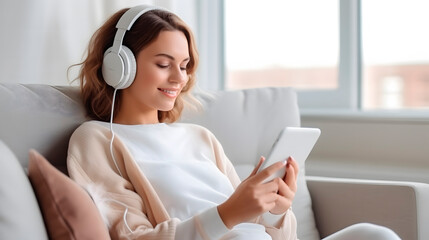 woman listening to music, woman using tablet while listening to music
