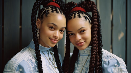twin sisters together in cornrows beauty care - obrazy, fototapety, plakaty