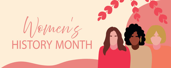 Celebrating diversity and achievements: Women's History Month banner with multiethnic female illustrations