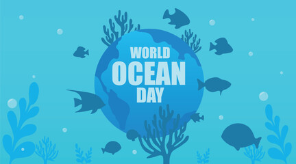 Poster for World Oceans Day with underwater life and planet Earth