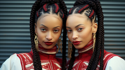 sisters together in cornrows beauty care. twin sister