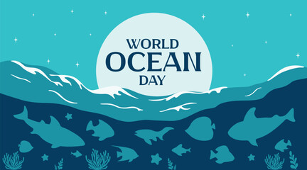 Poster for World Oceans Day with underwater life