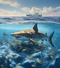Great white shark hunting fish in deep blue water of sea, 3d illustration