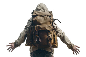 person from behind who is wearing a hooded jacket and carrying a large brown backpack