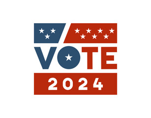 Text design with the word VOTE for the United States of America presidential election in 2024. With the usa flag colors and elements