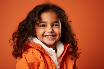 smiling little african american girl in orange jacket on orange background