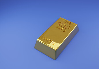 Gold bar isolated on blue background. Image 3D rendering..