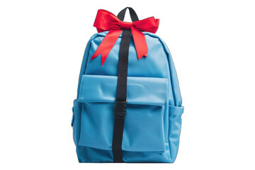 stylish blue backpack with a prominent red ribbon tied in a bow on top
