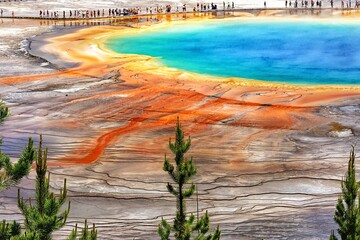 Fototapeta na wymiar Spectacular panoramic views of Grand Prismatic Geyser in Yellowstone National Park, Wyoming Montana. Midway Geyser Basin. Great hiking. Summer wonderland to watch natural landscape. Geothermal.