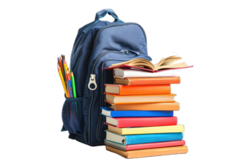 blue backpack standing next to a stack of colorful hardcover books