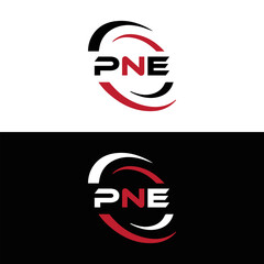 PNE logo. P N E design. White PNE letter. PNE, P N E letter logo design. Initial letter PNE letter logo set, linked circle uppercase monogram logo. P N E letter logo vector design.	
