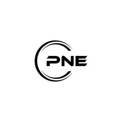 PNE logo. P N E design. White PNE letter. PNE, P N E letter logo design. Initial letter PNE letter logo set, linked circle uppercase monogram logo. P N E letter logo vector design.	
