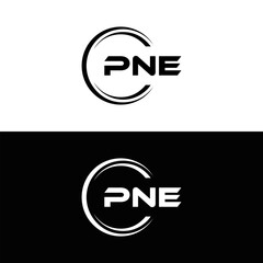 PNE logo. P N E design. White PNE letter. PNE, P N E letter logo design. Initial letter PNE letter logo set, linked circle uppercase monogram logo. P N E letter logo vector design.	
