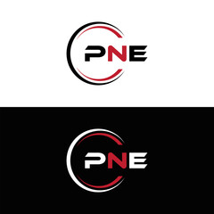 PNE logo. P N E design. White PNE letter. PNE, P N E letter logo design. Initial letter PNE letter logo set, linked circle uppercase monogram logo. P N E letter logo vector design.	
