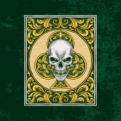 illustration of a green poker skull in vintage style with ornaments and borders. textured black background
