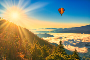 新道峠より朝の雲海上空を飛行するバルーン