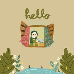 cute happy fasionable hijab girl illustration