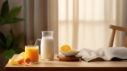 Fototapeta na wymiar Fresh orange juice and milk for breakfast