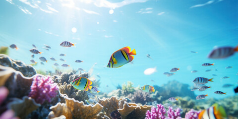 Colorful tropical fish including a prominent yellow tang exploring the dynamic coral reefs under natural sunlight.