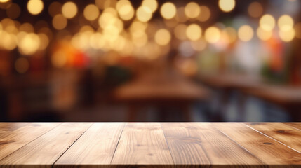 An empty wooden table surface with a warm, bokeh light background, suitable for product display or montage.