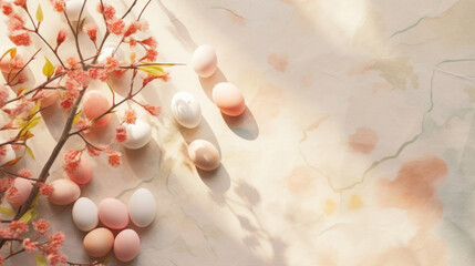 Soft-hued Easter eggs scattered amongst blooming branches on a marbled background, capturing the essence of spring.