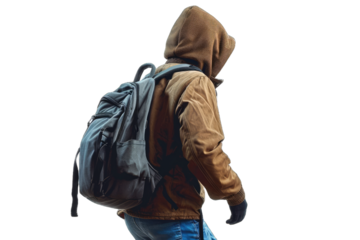 person wearing a brown jacket with a hood and black jeans