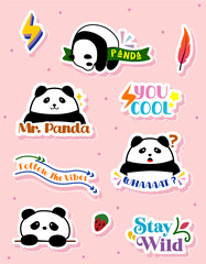 pack collection panda and word motivation sticker vector