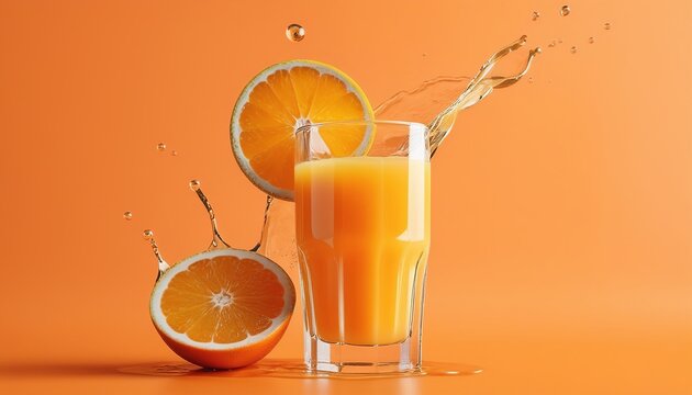 Refreshing Orange Juice Splash in Glass on Orange Background