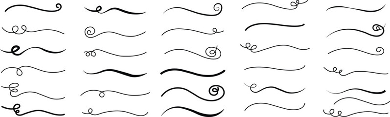 Set of Hand drawn curly swishes, swashes, swoops. Calligraphy swirl. Highlight text element Vectors isolated on transparent background. Underline typography tail shape. Brush drawn thick curved smear.