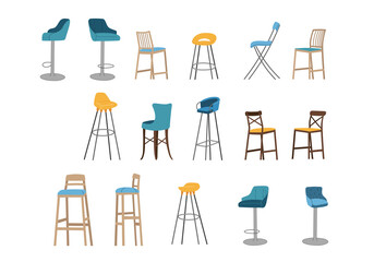 Set of isolated high chairs for home kitchen, bar, cafeteria. Flat style with lines on details.